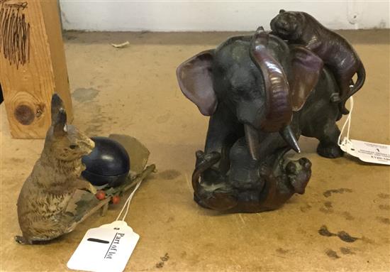 Japanese bronze of an elephant and tiger and painted hare thimble holder